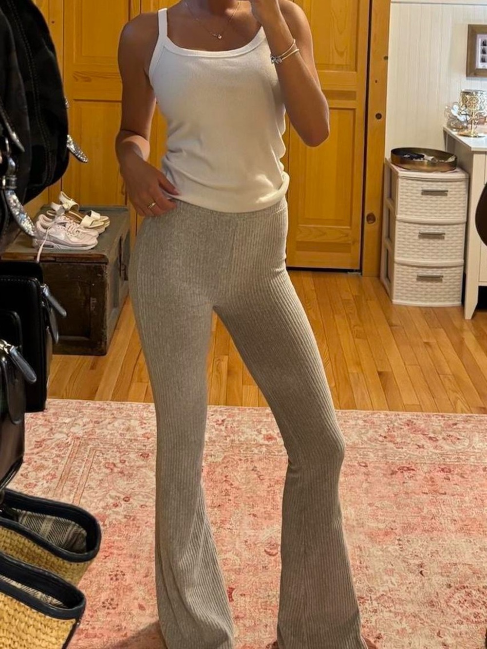 aerie Ribbed Knit Flare Pants in Light Beige